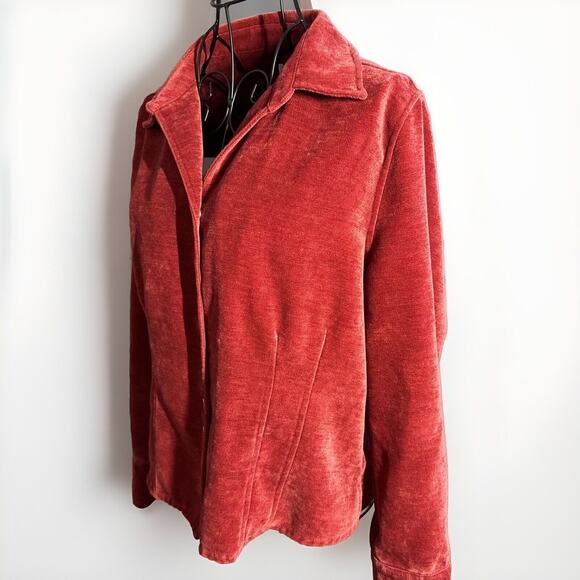 CHRISTOPHER & BANKS Petite Velour Snap Front Shirt Jacket P/M Red Rust Stretchy - Picture 2 of 11